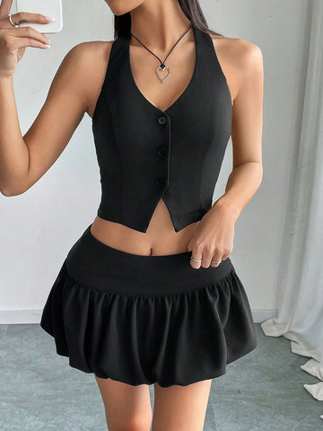 Women's Solid Color Single-Breasted Halter Tie Vest And Pleated Midi Skirt Casual Suit