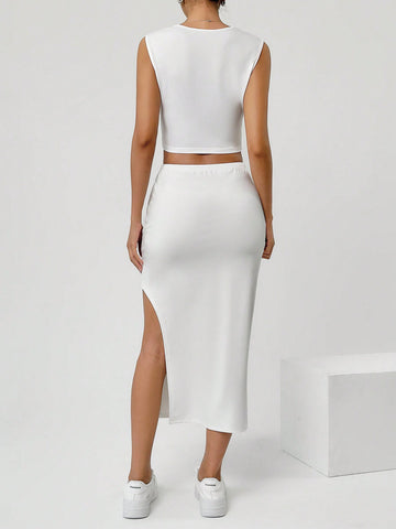 Women's Solid Color Square Neck Sleeveless Top And High-Slit Midi Skirt Set