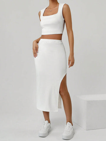 Women's Solid Color Square Neck Sleeveless Top And High-Slit Midi Skirt Set