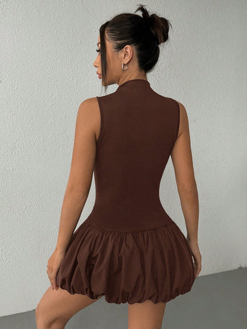 Women's Solid Color Stand Collar Sleeveless Simple Casual Short Dress