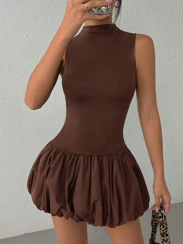 Women's Solid Color Stand Collar Sleeveless Simple Casual Short Dress