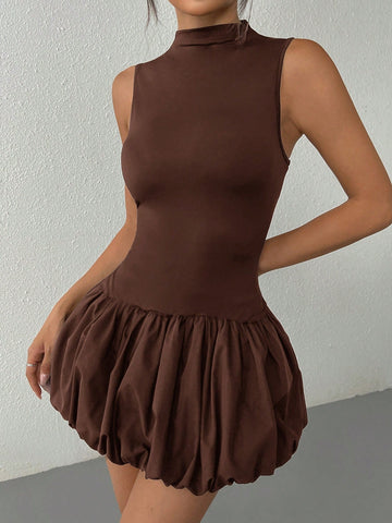 Women's Solid Color Stand Collar Sleeveless Simple Casual Short Dress