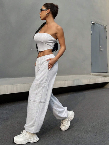 Women's Solid Color Strapless Sleeveless Top And Pocketed Long Pants Simple 2-Piece Set