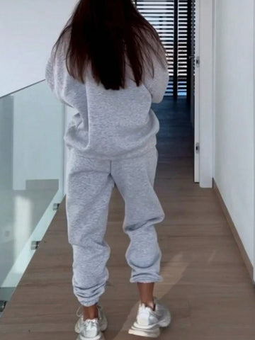 Women's Solid Color V-Neck Long Sleeve Sweatshirt And Pants Casual Loose Suit, Autumn