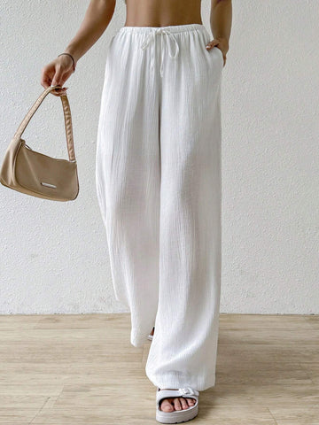 EZwear Women's Solid Color Waist Tie Long Pants