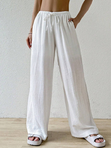 EZwear Women's Solid Color Waist Tie Long Pants