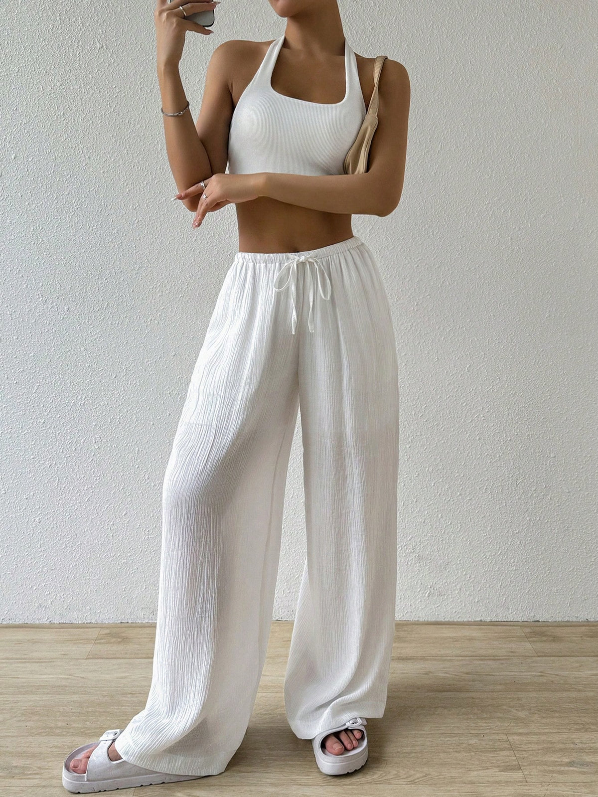 EZwear Women's Solid Color Waist Tie Long Pants