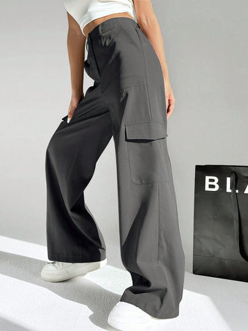 EZwear Women's Solid Color Wide Leg Cargo Pants With Slanted Pockets