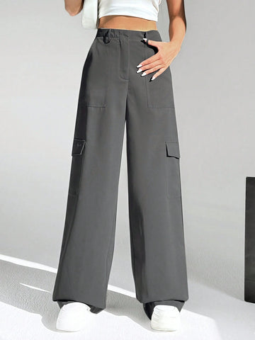 EZwear Women's Solid Color Wide Leg Cargo Pants With Slanted Pockets