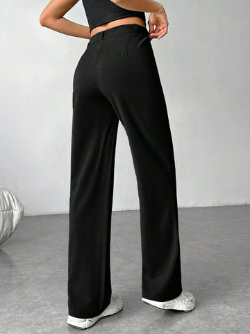 EZwear Women's Solid Color Zipper Built-In Straight Pants