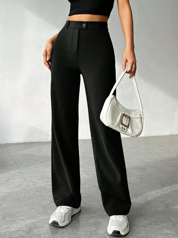 EZwear Women's Solid Color Zipper Built-In Straight Pants