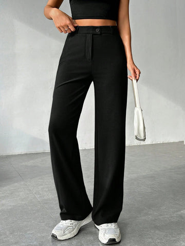 EZwear Women's Solid Color Zipper Built-In Straight Pants