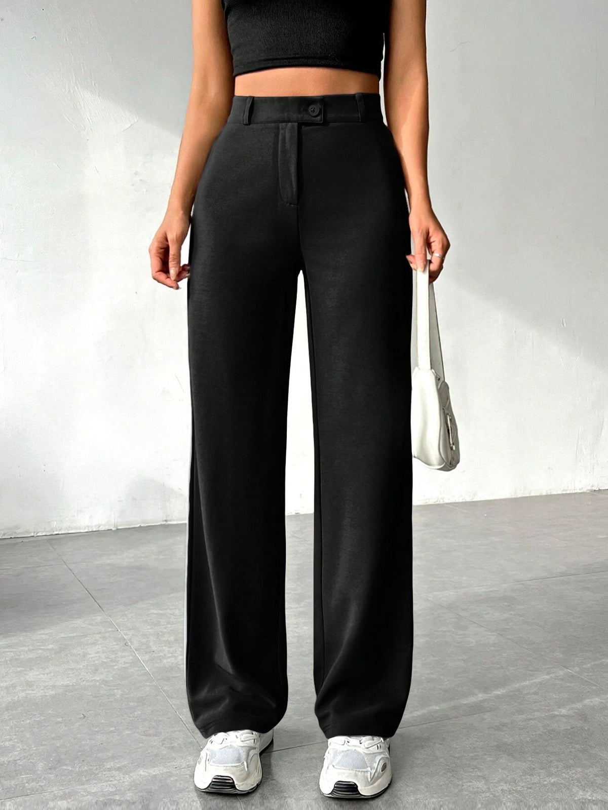 EZwear Women's Solid Color Zipper Built-In Straight Pants