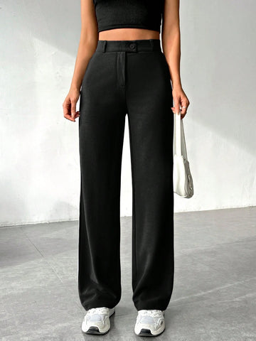 EZwear Women's Solid Color Zipper Built-In Straight Pants