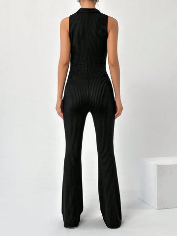 Women's Solid Color Zipper Half Open Sleeveless Jumpsuit