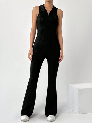 Women's Solid Color Zipper Half Open Sleeveless Jumpsuit