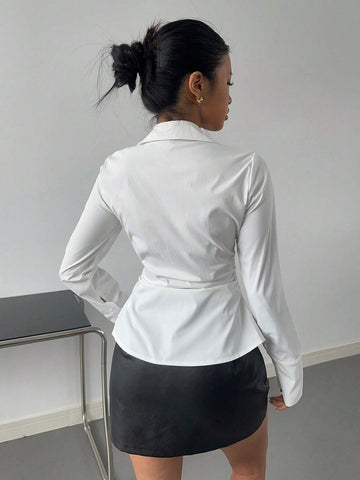 EZwear Women's Solid Color Zippered Front Long Sleeve Casual Shirt