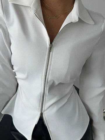 EZwear Women's Solid Color Zippered Front Long Sleeve Casual Shirt