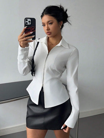 EZwear Women's Solid Color Zippered Front Long Sleeve Casual Shirt