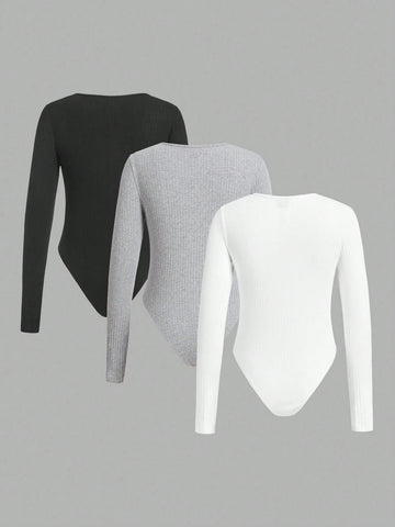 Women's Solid Crew Neck Long Sleeve Casual Slim Bodysuit