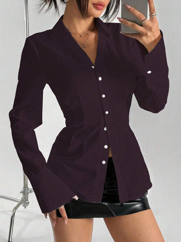 EZwear Women's Solid Front Button Long Sleeve Casual Blouse