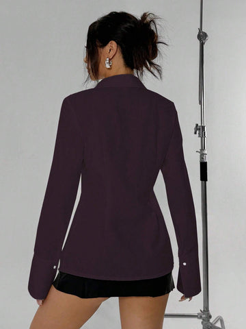 EZwear Women's Solid Front Button Long Sleeve Casual Blouse