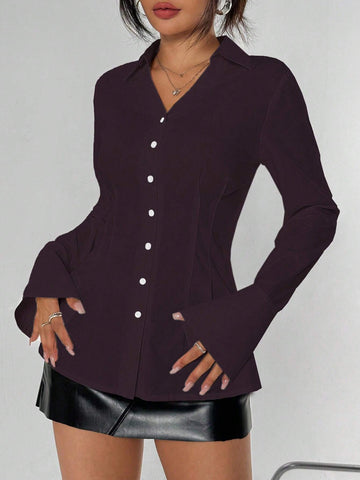 EZwear Women's Solid Front Button Long Sleeve Casual Blouse