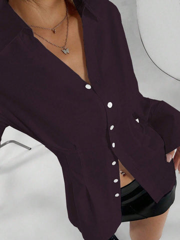 EZwear Women's Solid Front Button Long Sleeve Casual Blouse