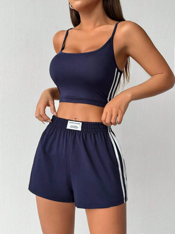 Women's Spaghetti Strap Short Striped Camisole And Shorts Set, Summer