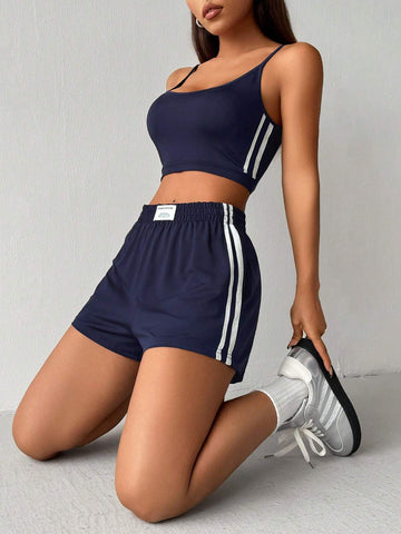 Women's Spaghetti Strap Short Striped Camisole And Shorts Set, Summer