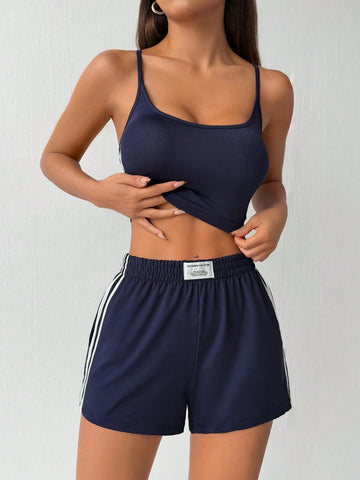 Women's Spaghetti Strap Short Striped Camisole And Shorts Set, Summer
