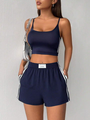 Women's Spaghetti Strap Short Striped Camisole And Shorts Set, Summer