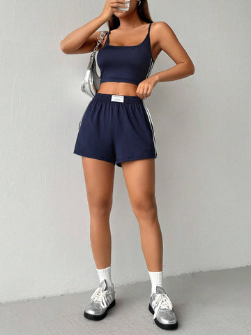 Women's Spaghetti Strap Short Striped Camisole And Shorts Set, Summer