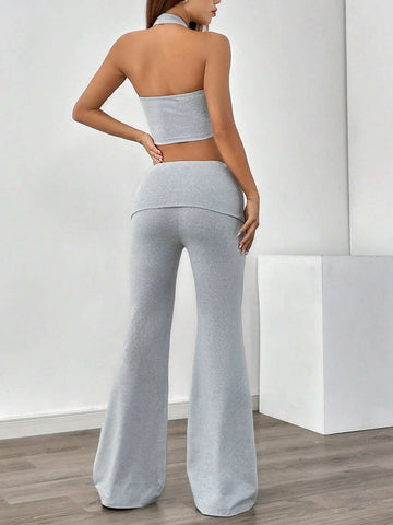 Women's Sporty Vest Top With Low Waist Flared Pants, Ladies' Fashion Sportswear