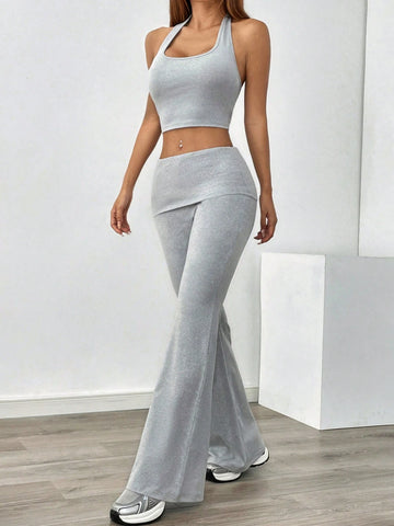 Women's Sporty Vest Top With Low Waist Flared Pants, Ladies' Fashion Sportswear