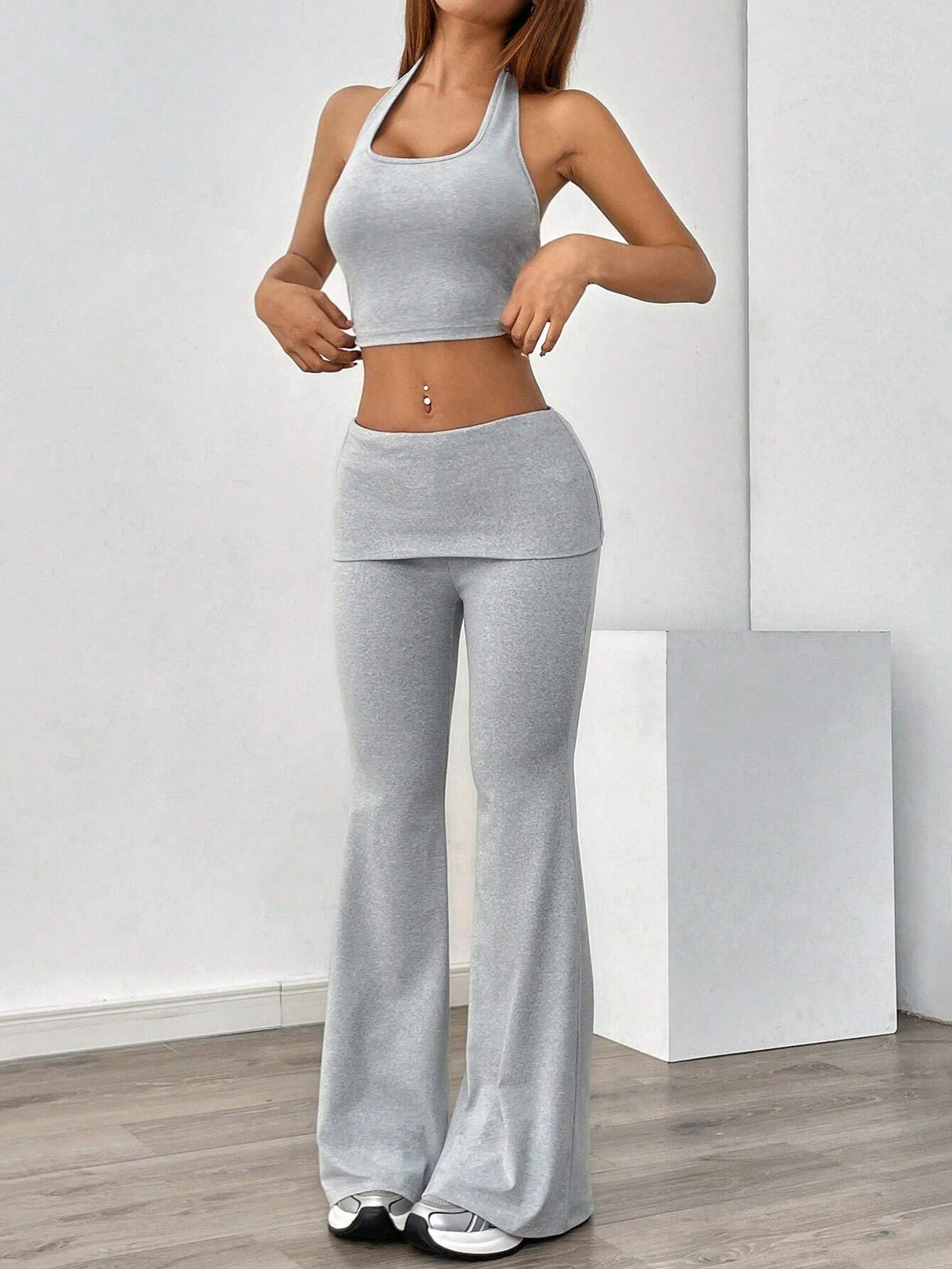 Women's Sporty Vest Top With Low Waist Flared Pants, Ladies' Fashion Sportswear