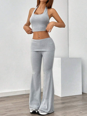 Women's Sporty Vest Top With Low Waist Flared Pants, Ladies' Fashion Sportswear