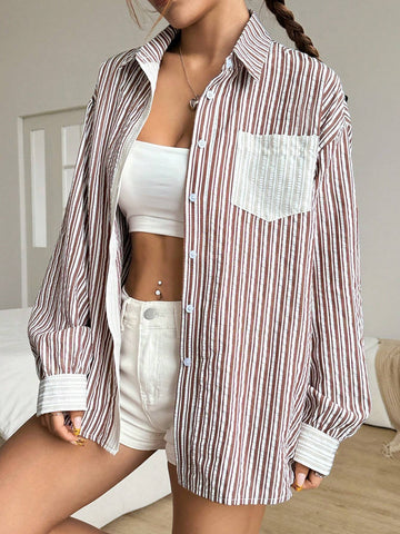 EZwear Women's Spring And Autumn Loose Raglan Sleeve Striped Pocket Shirt