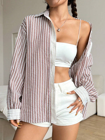 EZwear Women's Spring And Autumn Loose Raglan Sleeve Striped Pocket Shirt