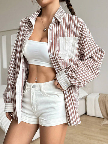 EZwear Women's Spring And Autumn Loose Raglan Sleeve Striped Pocket Shirt