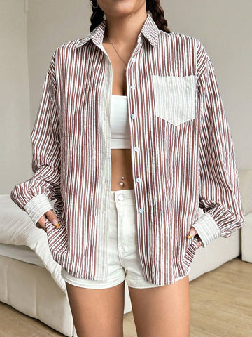 EZwear Women's Spring And Autumn Loose Raglan Sleeve Striped Pocket Shirt