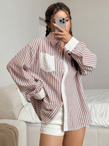 EZwear Women's Spring And Autumn Loose Raglan Sleeve Striped Pocket Shirt