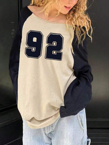 Women's Spring Autumn Casual Loose Fit Number Print Raglan Sleeve T-Shirt