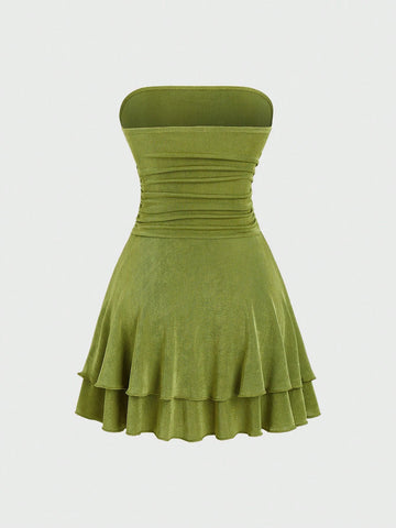 Women's Strapless Pleated Double Layer Hem Dress