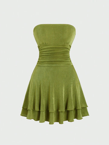 Women's Strapless Pleated Double Layer Hem Dress