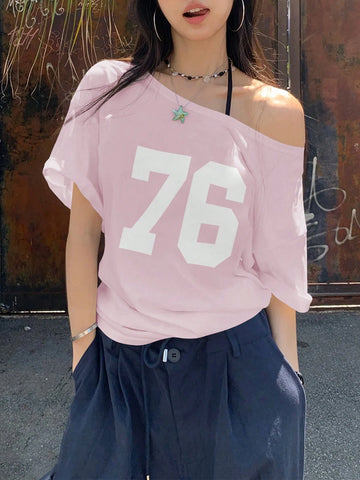 Women's Summer Asymmetric Neck Numeric Print Casual Short Sleeve T-Shirt