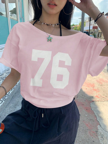 Women's Summer Asymmetric Neck Numeric Print Casual Short Sleeve T-Shirt