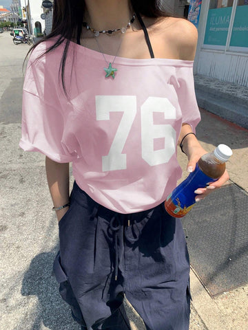 Women's Summer Asymmetric Neck Numeric Print Casual Short Sleeve T-Shirt