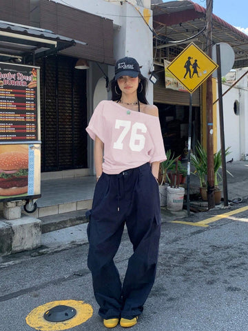 Women's Summer Asymmetric Neck Numeric Print Casual Short Sleeve T-Shirt