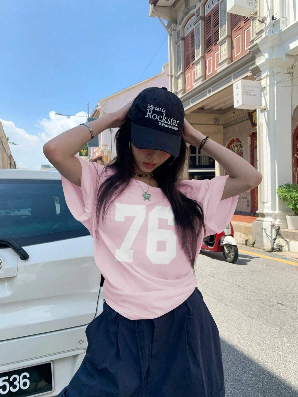 Women's Summer Asymmetric Neck Numeric Print Casual Short Sleeve T-Shirt